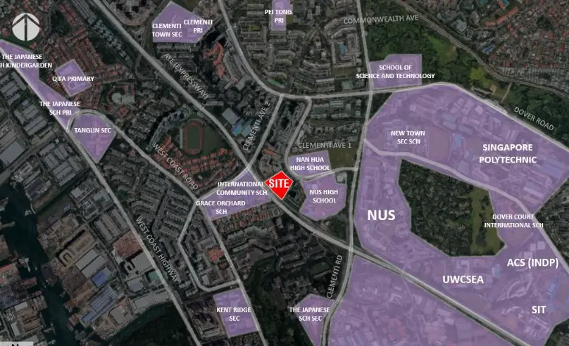 Education belt near Elta Condo in Clementi, featuring top schools like Nan Hua Primary, Ngee Ann Polytechnic, and the National University of Singapore